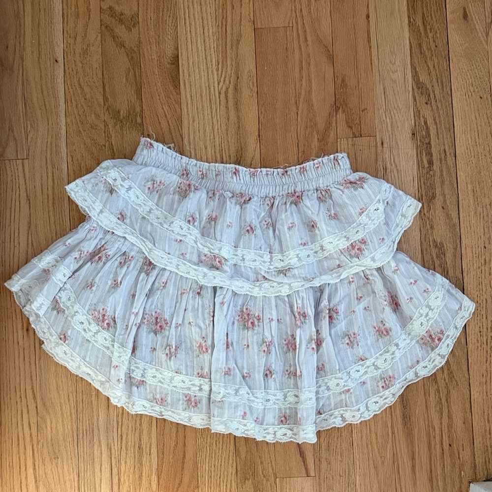 Loveshack Fancy Floral Lace-Trim Tiered Mini Skirt - White with Pink Roses - Picture 3 of 5